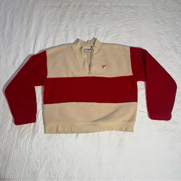 Fila Woman's Pullover Sweater Red & Beige / Tan Sherpa Size Medium Quarter Zip - Picture 5 of 11